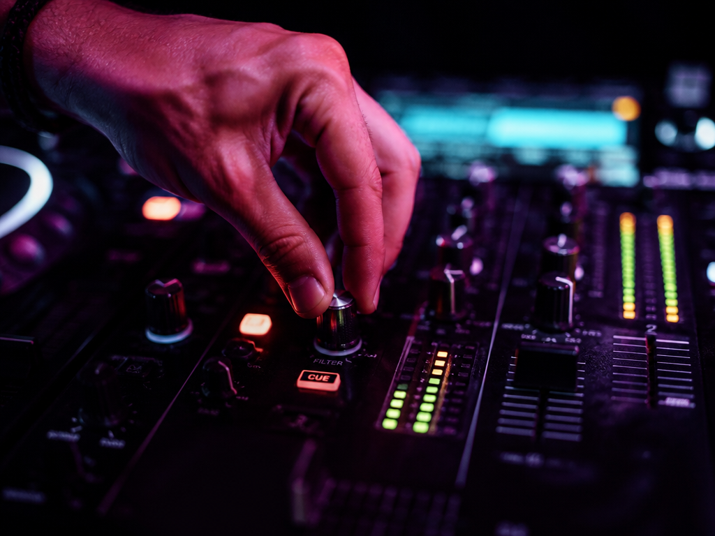 A photorealistic close-up of a DJ's hand resting on an illuminated mixer filter knob…