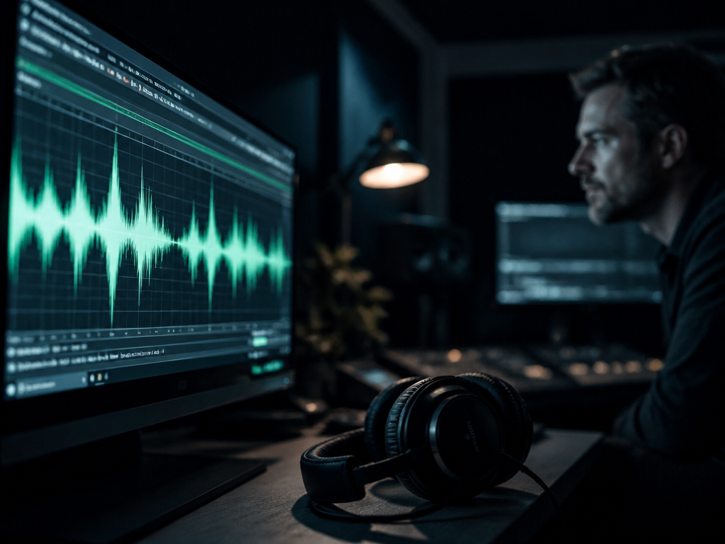 A dimly lit professional audio editing suite at night, shot at eye level with…