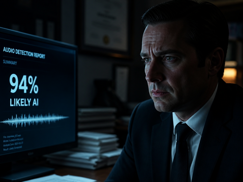 A tense close-up of a compliance officer seated at a dark wooden desk in…