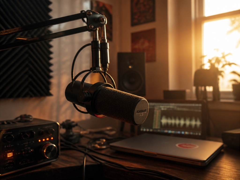 An intimate bedroom recording studio at golden hour, warm sunlight streaming through a window…