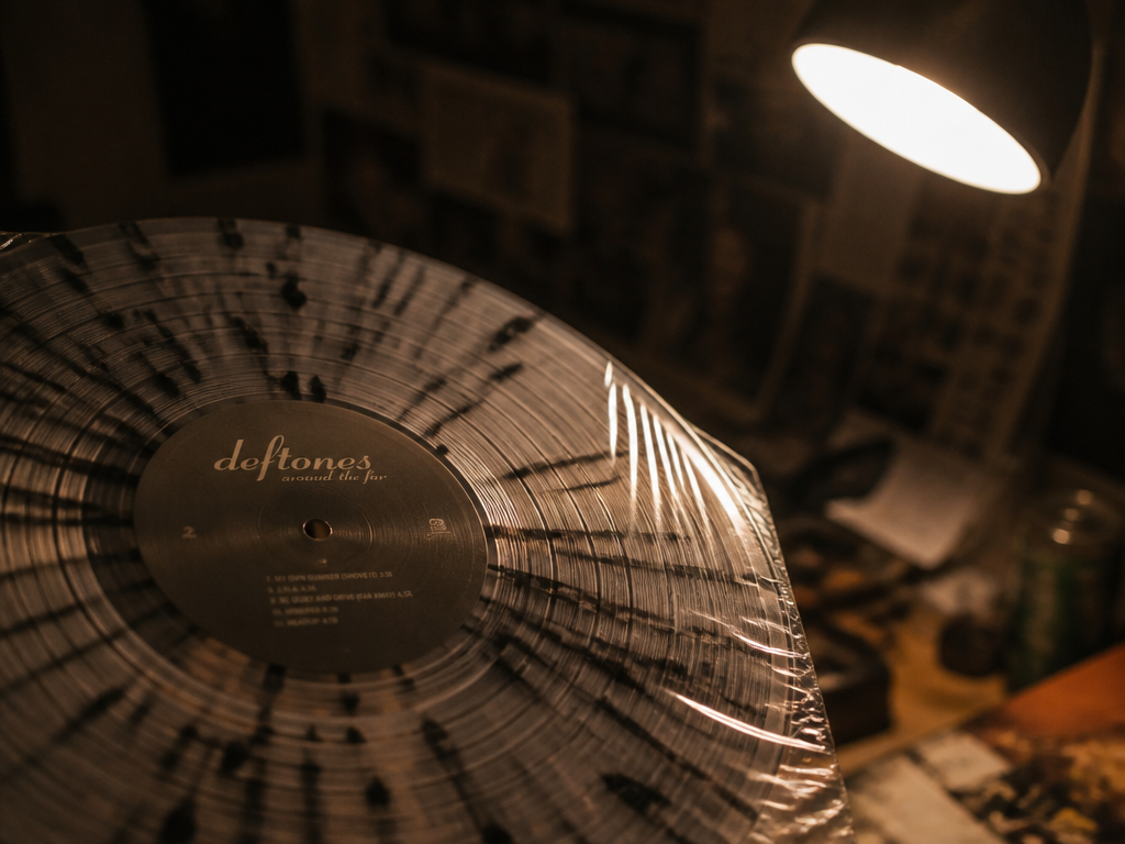 Close-up overhead shot of a clear-with-black-splatter vinyl LP being tilted under the warm glow…