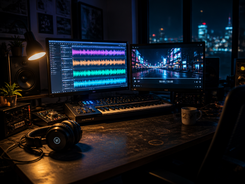 A moody overhead photograph of a dimly lit home music studio at 1 a.m…