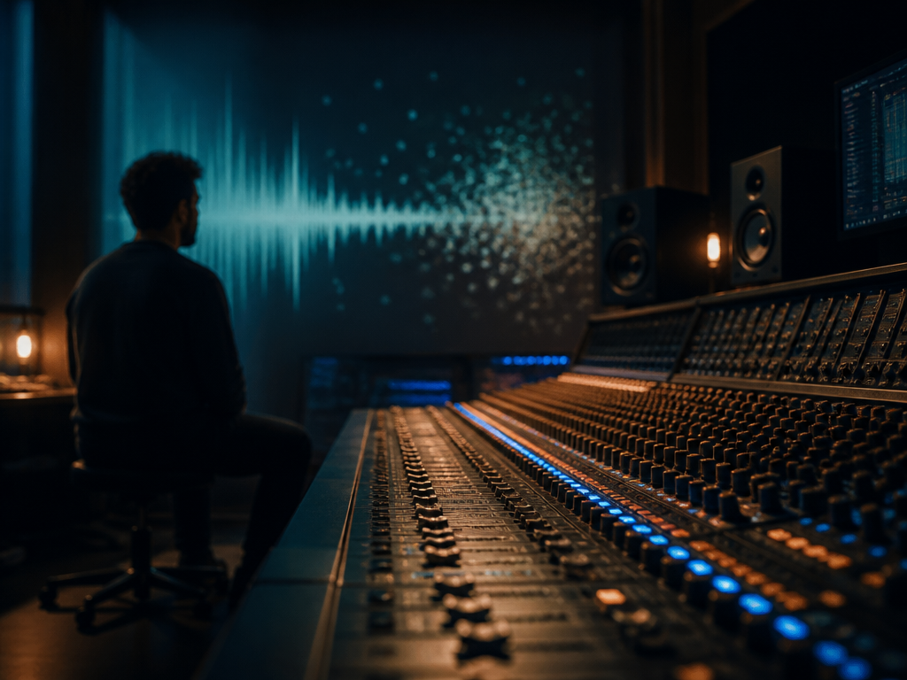 A dimly lit modern recording studio at night, shot on a 50mm lens at…