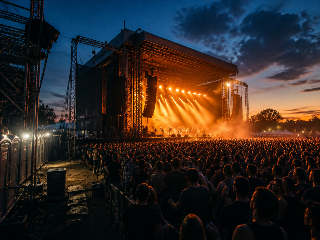 A wide, atmospheric photograph of a large outdoor music festival stage at dusk, shot…