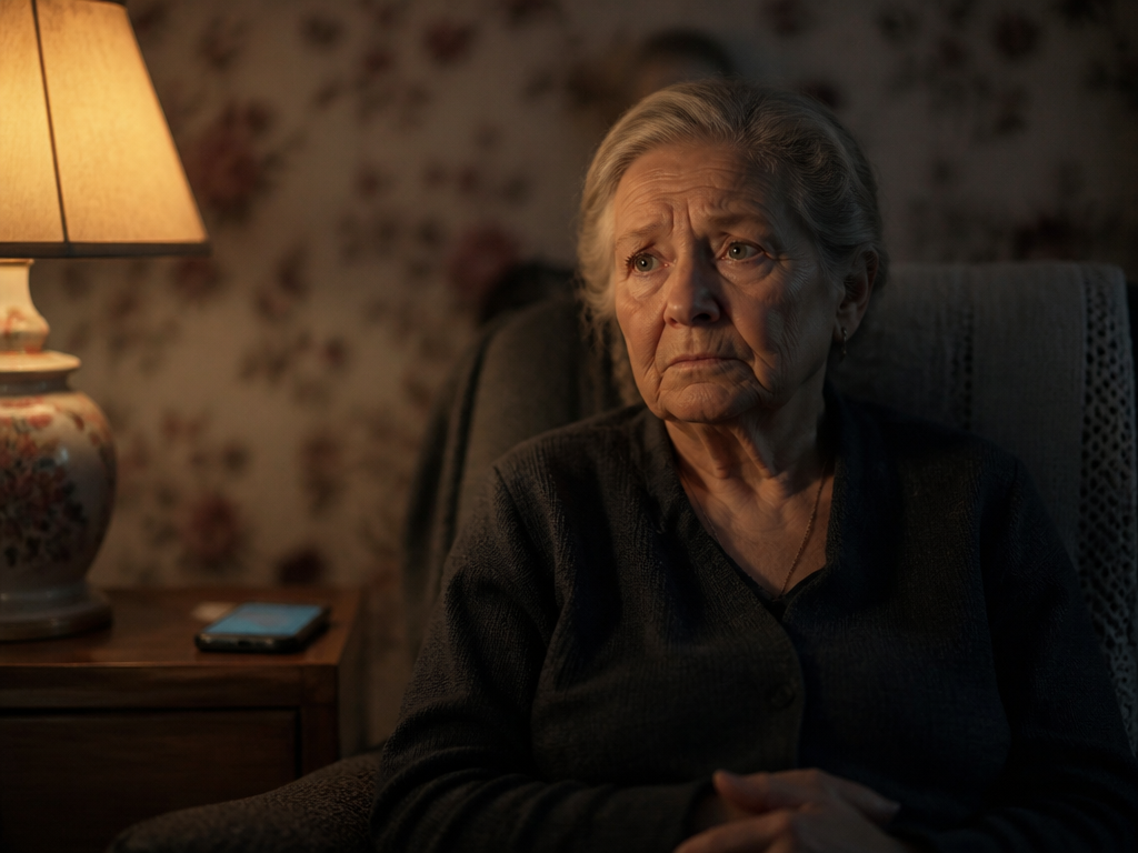 A close-up portrait of an older woman seated in a dim living room at…