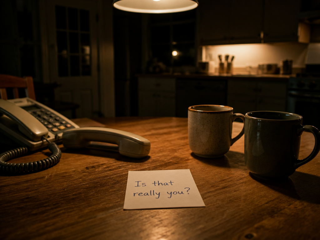 A wide, atmospheric shot of a kitchen table at night where two coffee mugs…