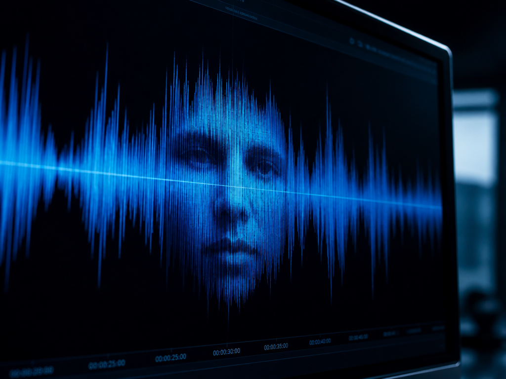 A high-detail studio photograph of a blue audio waveform displayed on a dark computer…