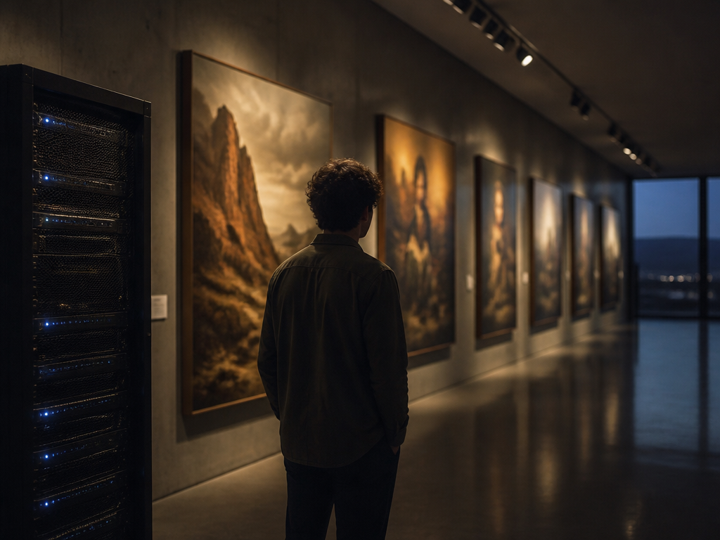 A dimly lit art gallery at dusk, viewed in a wide cinematic composition: rows…