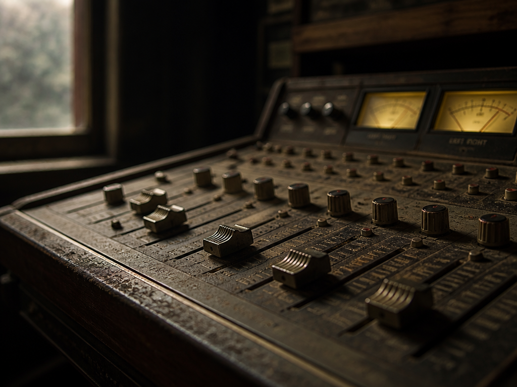 A moody close-up photograph of an old wooden recording studio mixing console covered in…