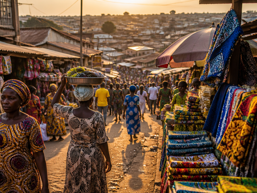 A wide-angle photograph of a bustling open-air street market at golden hour in a…