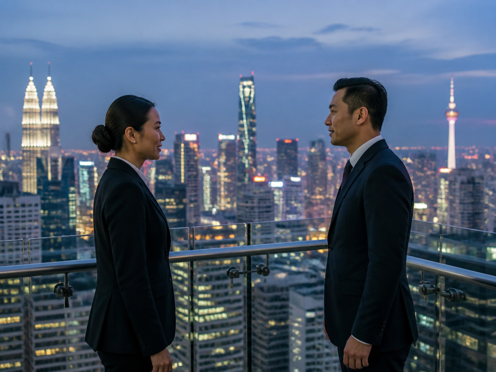 A photorealistic image of two business professionals in tailored suits standing on a high-rise…