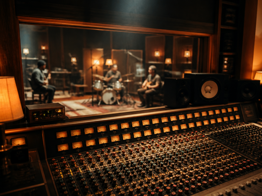 A professional commercial recording studio captured during a live session, photographed through the control…