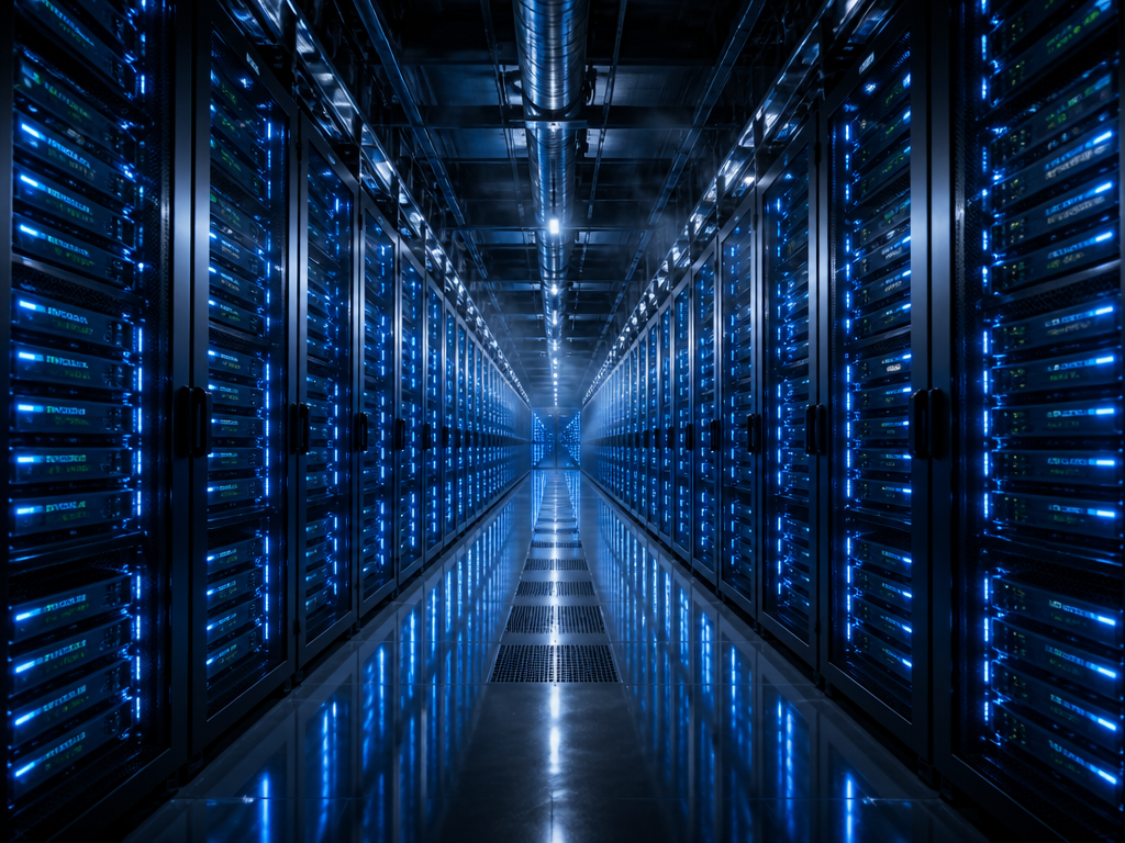 A stark, cold data center server hall photographed in a long single-point perspective down…