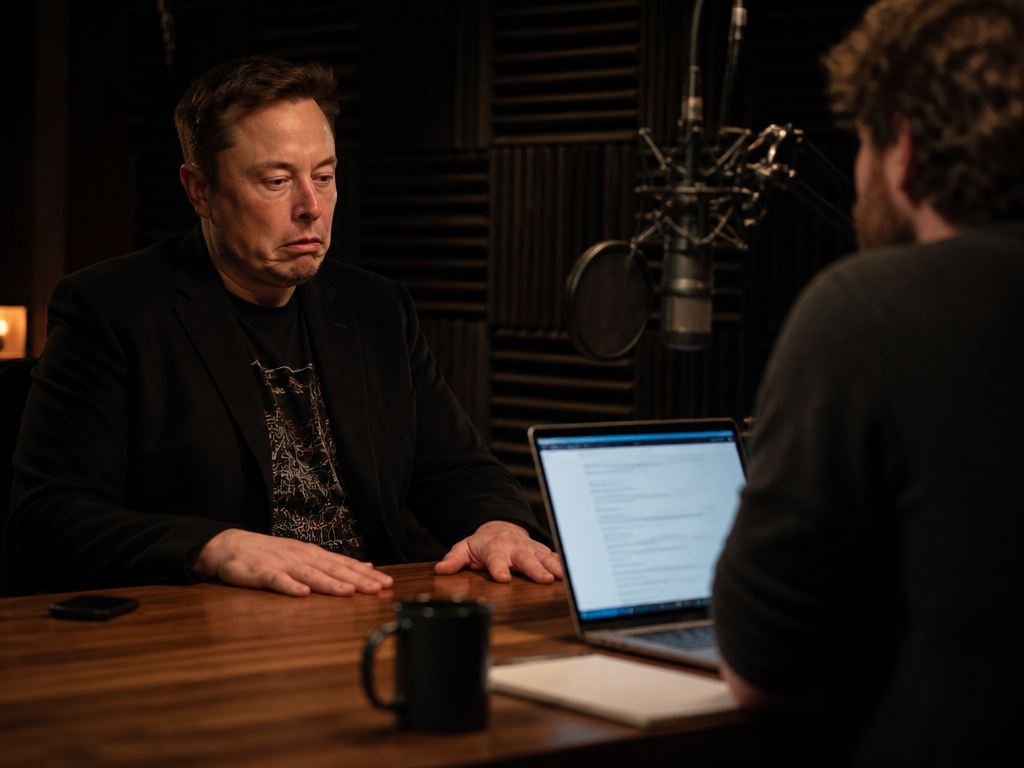 A dimly lit podcast studio captured in cinematic detail: a famous-looking man seated across…