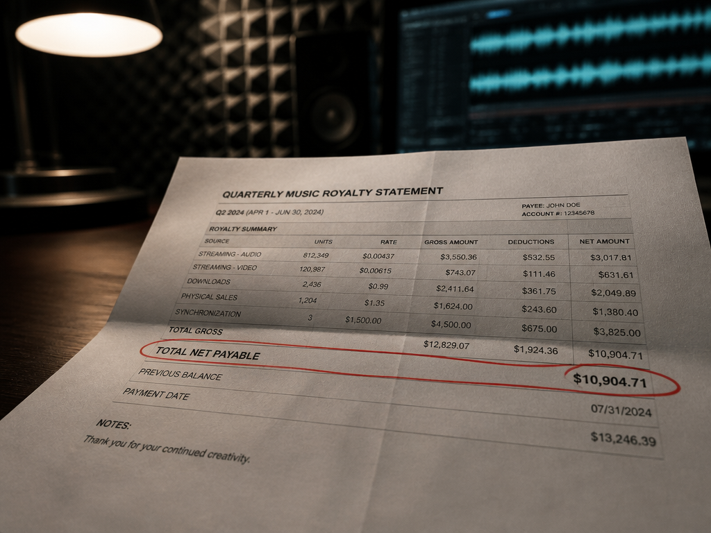 A close-up photorealistic photograph of a printed quarterly music royalty statement lying on a…