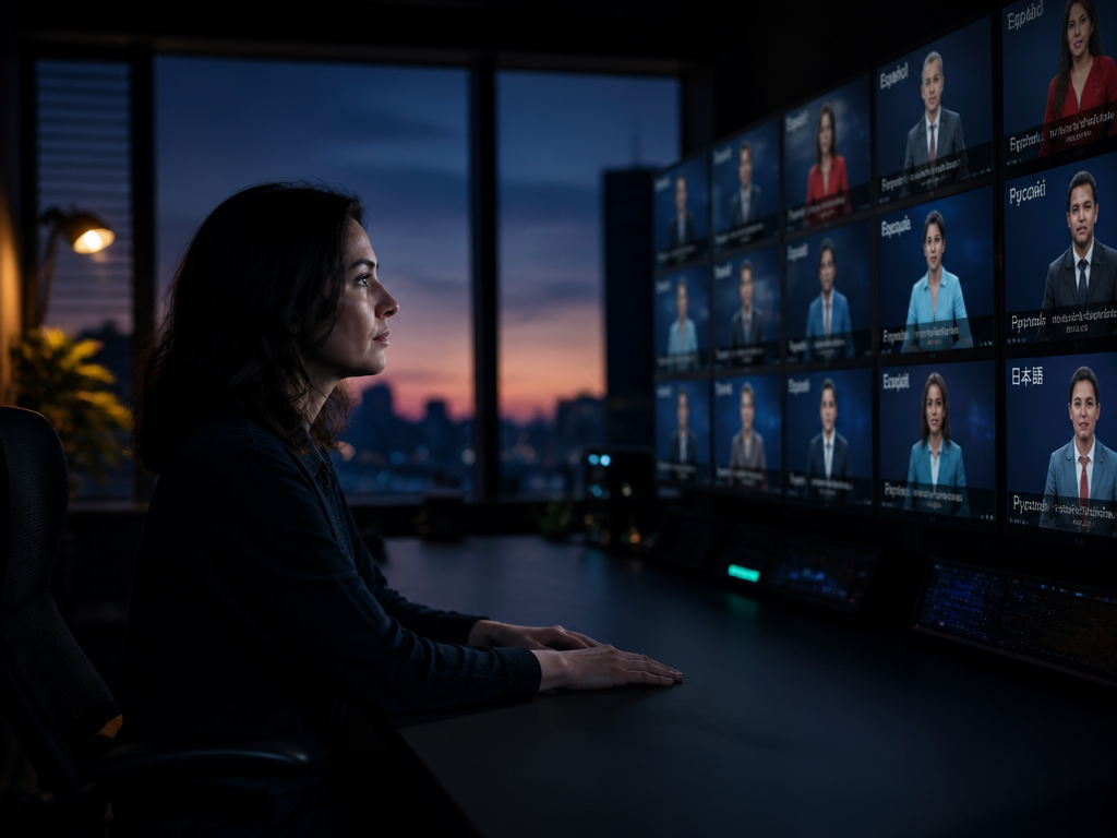 A professional content team lead seated alone in a dimly lit editing suite at…