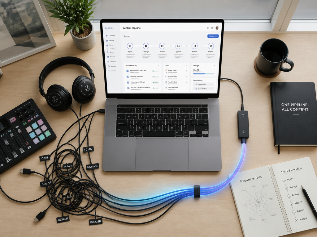 A clean overhead flat-lay of a modern enterprise content workflow desk, showing a sleek…