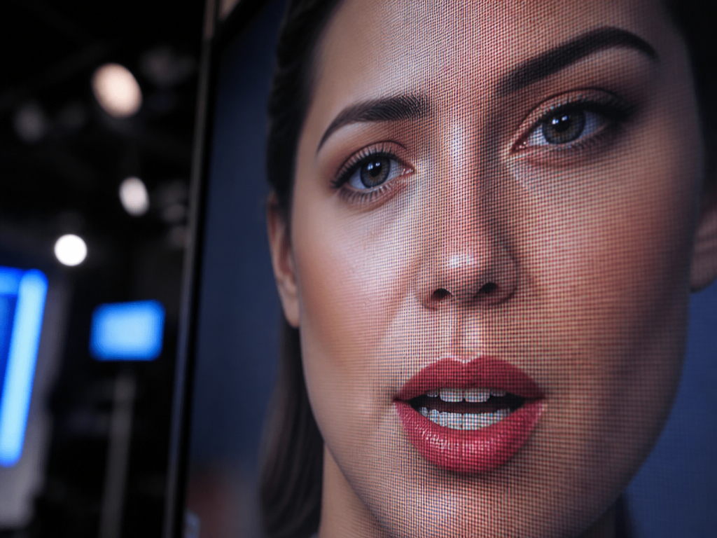 An extreme macro close-up of a single high-resolution monitor showing a synthetic presenter's face…