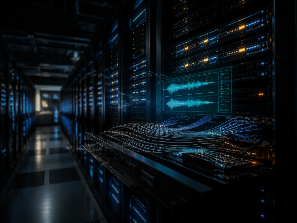 A photorealistic wide-angle shot inside a dim, modern data center at night, rows of…