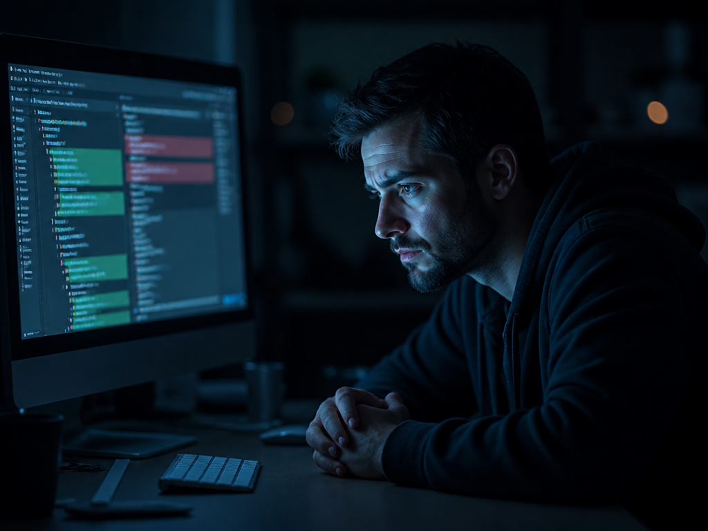 A software developer sitting alone at a darkened desk late at night, face lit…