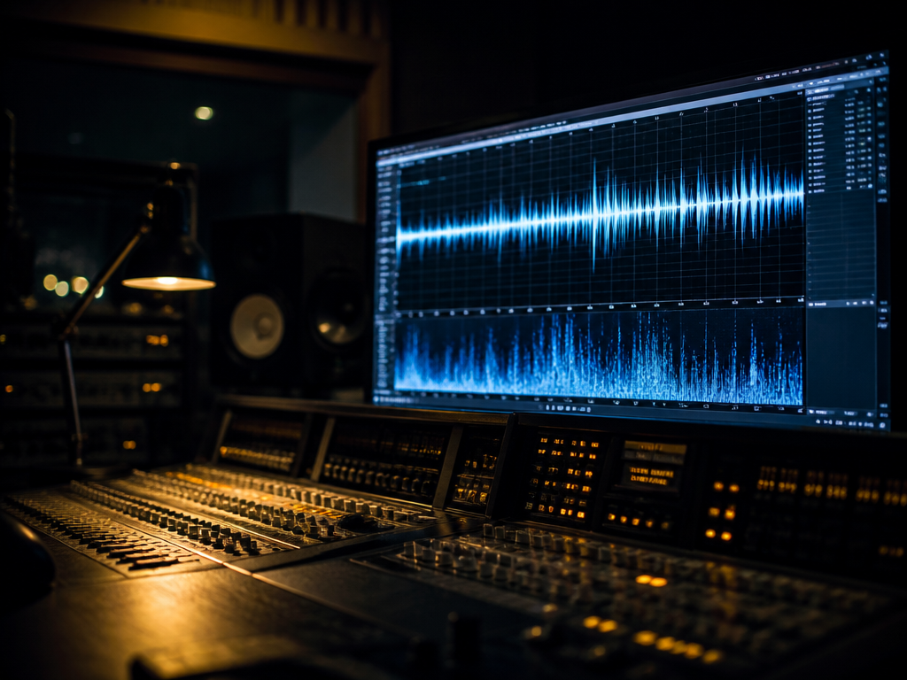 A dimly lit professional audio mastering studio at night, captured in a wide editorial…