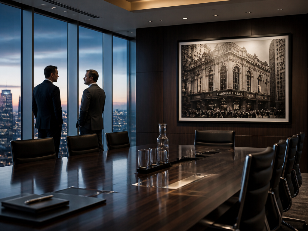 A polished corporate boardroom at dusk with floor-to-ceiling windows overlooking a city skyline, a…