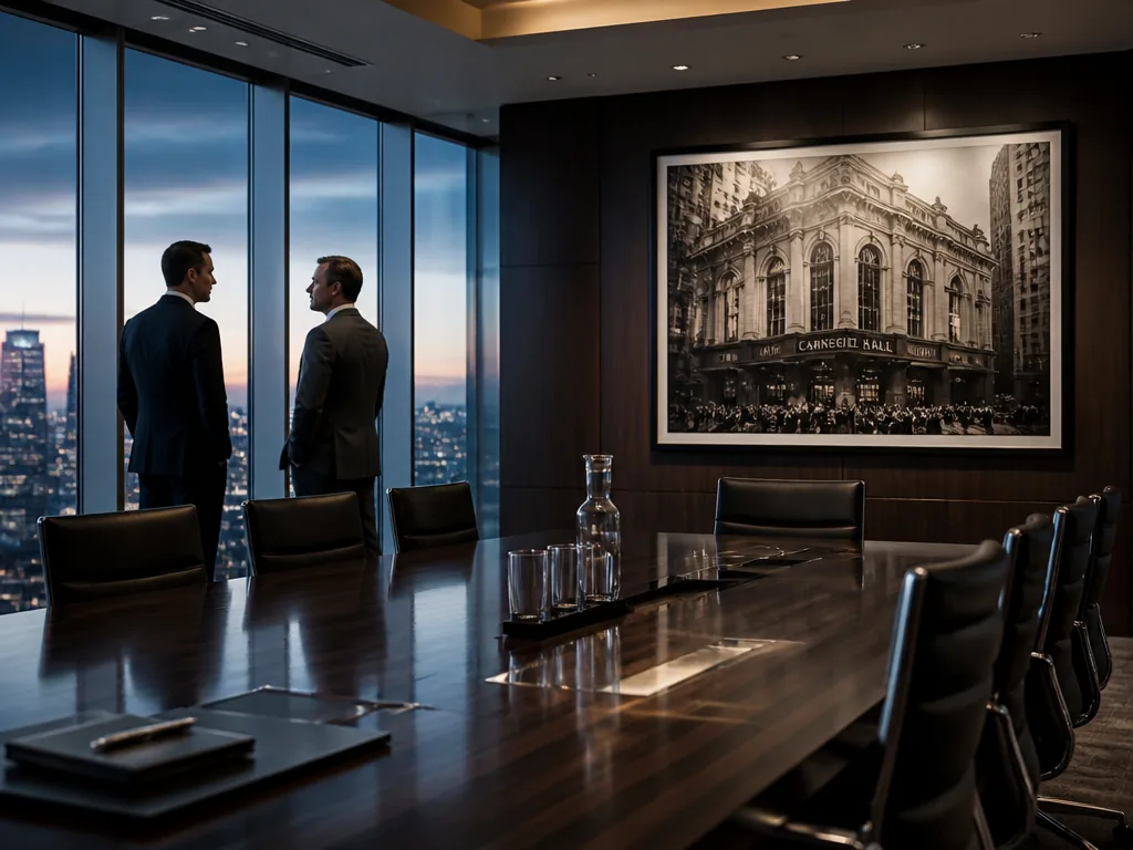 A polished corporate boardroom at dusk with floor-to-ceiling windows overlooking a city skyline, a…