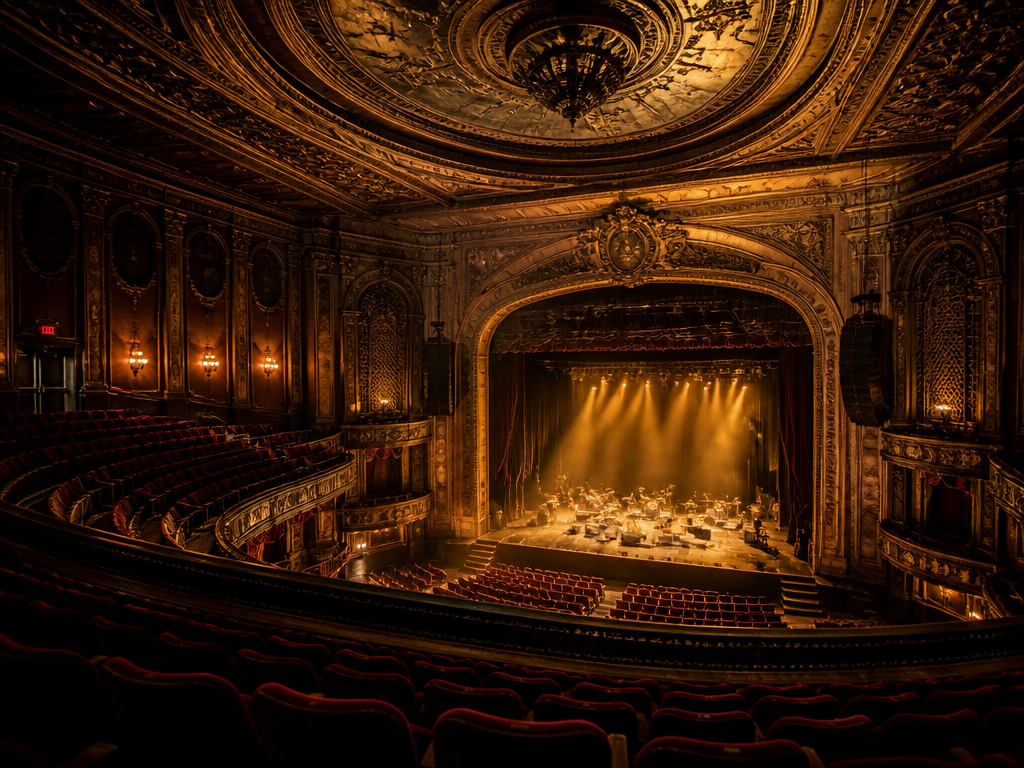 Interior of an iconic historic music venue photographed from the empty balcony an hour…