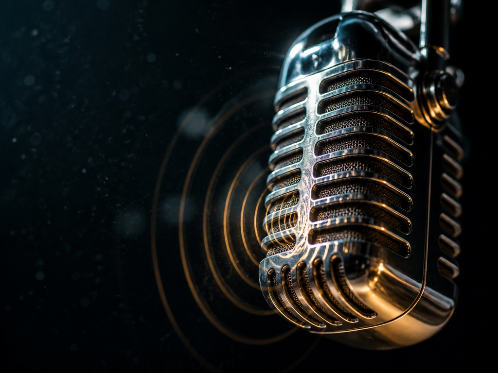 Extreme close-up photograph of a vintage silver microphone suspended in a dark recording studio…