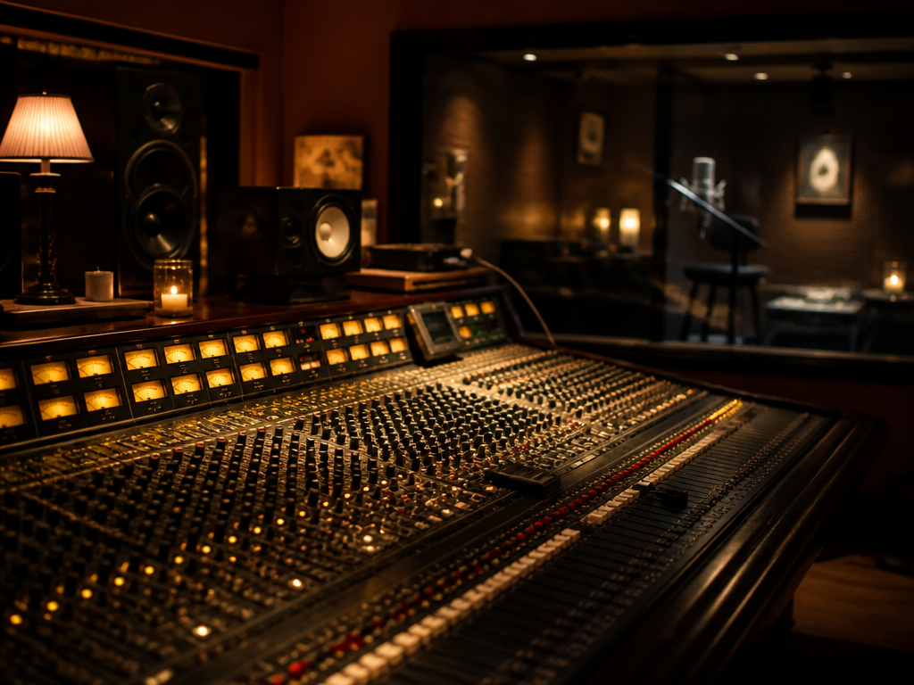A professional recording studio control room photographed in warm tungsten light, foreground dominated by…