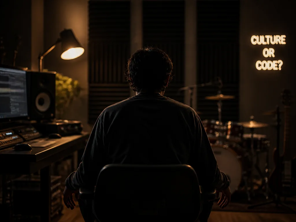 A contemplative music producer seated in a dimly lit studio, hands relaxed and empty…