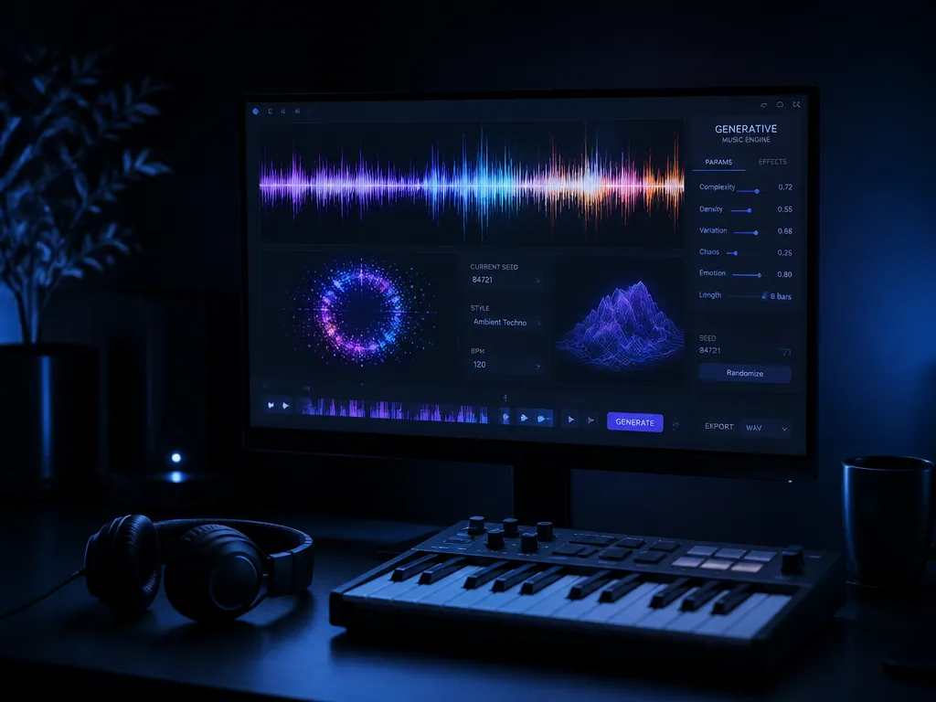A minimalist home studio desk at night lit only by the cool blue glow…