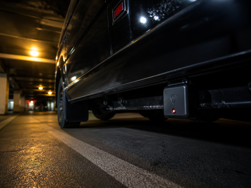 A tense, cinematic low-angle photograph taken at night in an underground parking garage, focused…