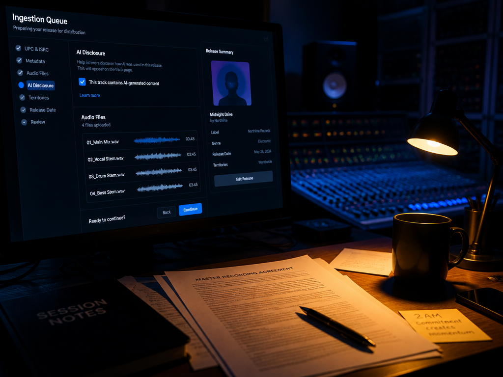 A dimly lit recording studio control room photographed at 2 a.m., the glow of…
