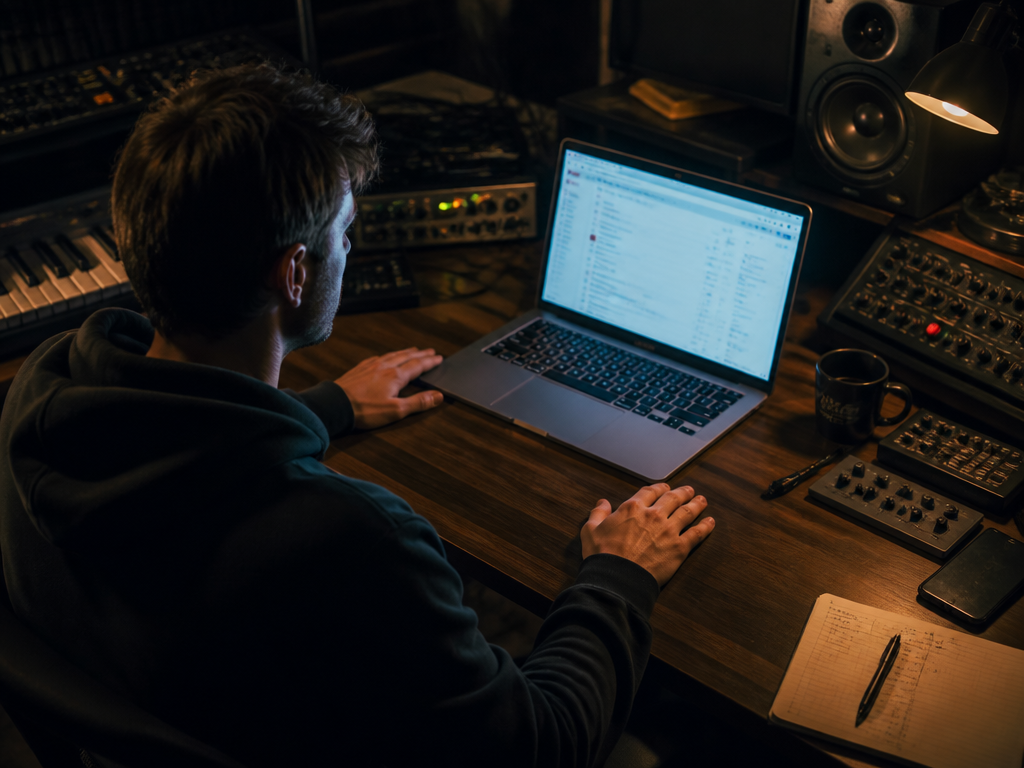 A photorealistic overhead shot of a solitary independent music producer seated at a dimly…