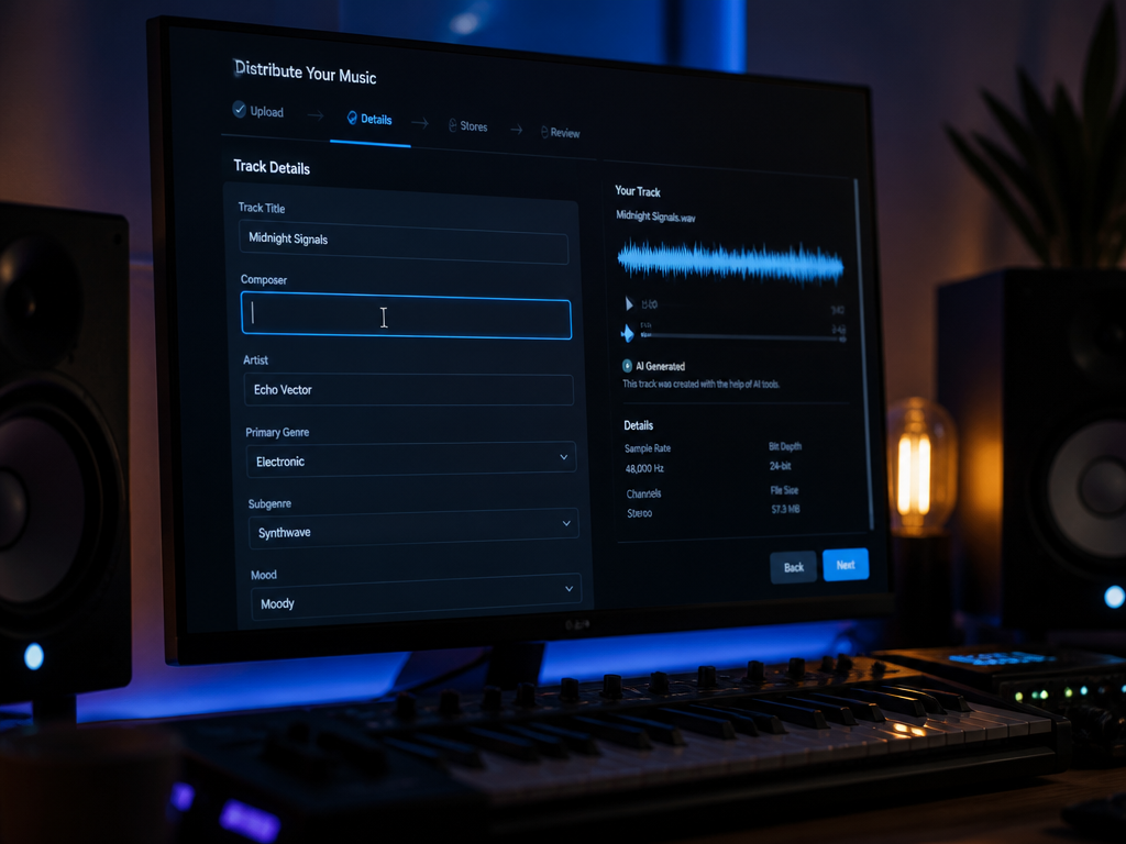 A close-up photorealistic shot of a modern music producer's home studio at night, focused…
